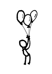Hand-drawn stick figure flying away holding three balloons