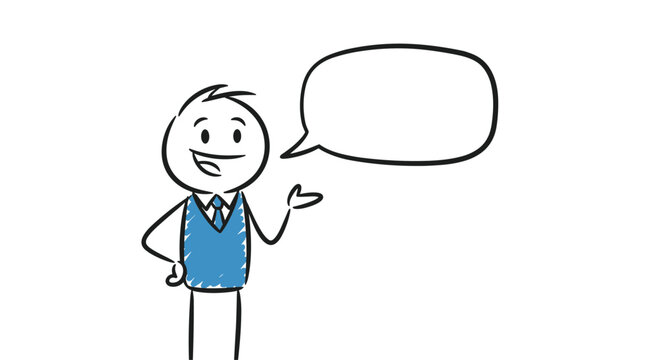Smiling stick figure businessman in a blue vest gestures towards an empty speech bubble, ready for your custom text or message.