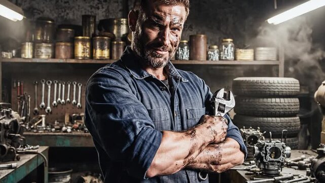 Muscular mechanic with wrench, covered in grease, stands confidently in a busy auto repair workshop