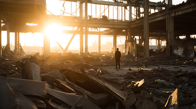 An individual stands amidst the rubble of a dilapidated structure as the sun sets in the distance, casting long shadows across the debris and ruins. A scene of urban decay unfolds.