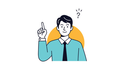 Young businessman pointing his finger up as a question mark transforms into a spark of insight, symbolizing a moment of discovery or idea.