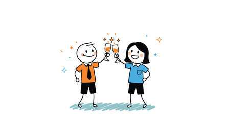 Happy stick figure man and woman smiling and toasting with sparkling glasses, celebrating a special occasion, success, or friendship.
