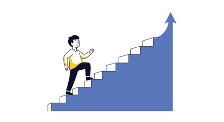Fototapeta premium Young man confidently walking up a flight of stairs that form an upward-pointing arrow, symbolizing career progress and personal growth.