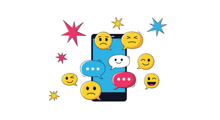 Fototapeta premium Smartphone screen showing various chat bubbles and colorful emojis, representing the range of emotions in online communication and social media.