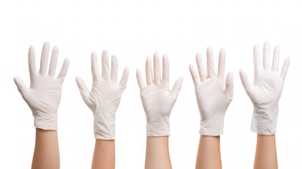 Multiple views of hands wearing white medical gloves are presented on a transparent background, offering versatile usage possibilities for health, safety, and medical related projects