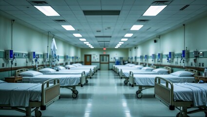 Empty hospital beds preparing for patients in a long hospital ward