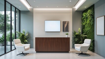 Modern office lobby interior with green wall and blank screen