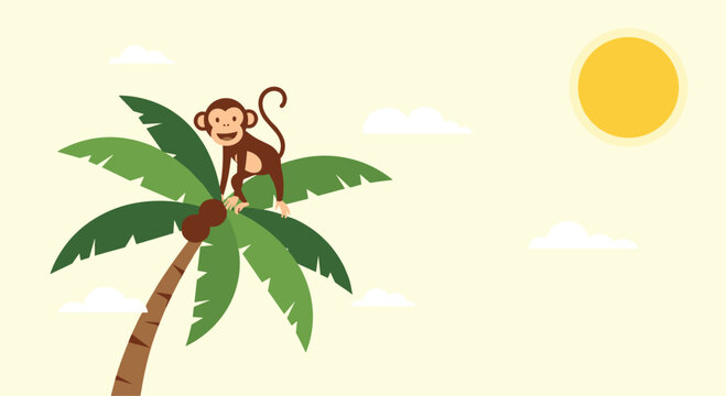 Happy cartoon monkey sitting on top of a coconut palm tree on a sunny day, representing a tropical vacation or jungle life.