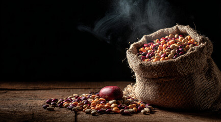 Colorful bean bag rustic mixed legume burlap sack wooden table food background aromatic steam