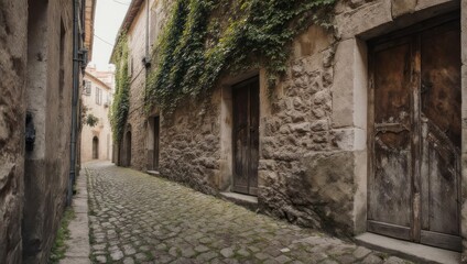 Fototapeta premium Charming Cobblestone Alleyway Lined with Ancient Stone Buildings and Overgrown Greenery.