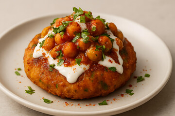 Authentic Indian Aloo Tikki Chaat Topped with Chana Masala, Yogurt, Chutney, and Fresh Cilantro