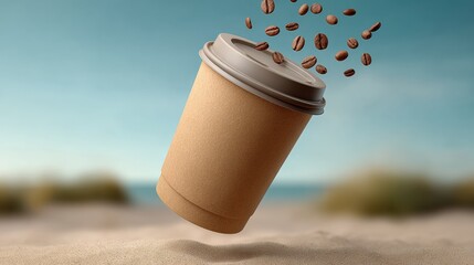 A coffee cup with coffee beans on top of it is flying through the air. Concept of freedom and excitement, as if the coffee cup is soaring through the sky