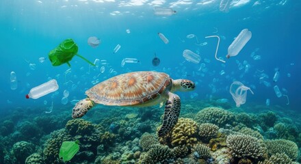 Fototapeta premium A sea turtle swimming in the ocean with plastic debris.