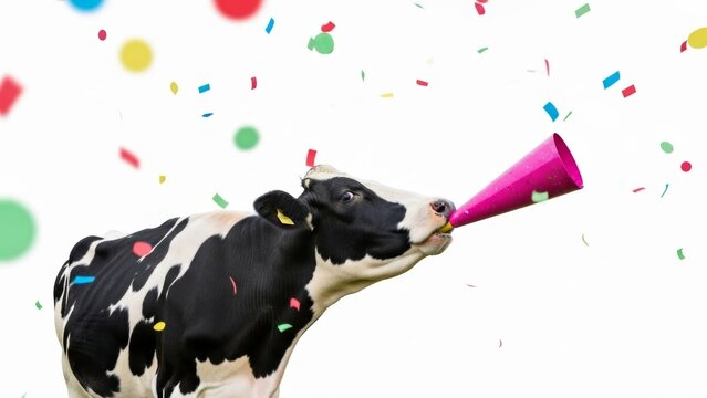 cow with a party noise maker in it's mouth, celebration, fun, on a white background, animal photo, blowing