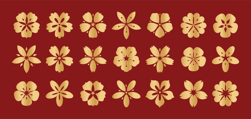 Golden sakura icon. Cherry blossom, luxury flower, floral petal. Hanami Japanese spring symbol. Ornamental cherry silhouette, paper cut emblem, sakura logo, badge with metallic gradient. Vector set