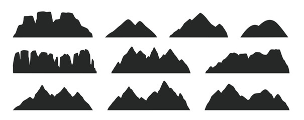Mountain silhouette. Ridge peak, summit range or cliff massif, alpine terrain and canyon landscape. Black outline minimal mountains shape for banner border and scenic backdrop. Isolated vector set