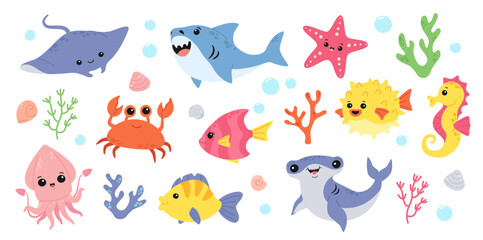 Cute underwater animals. Cartoon ocean, sea wildlife for marine set. Shark and octopus, crab and fish. Kawaii coral reef floating creatures and smiling tropical character. Aquatic vector clipart
