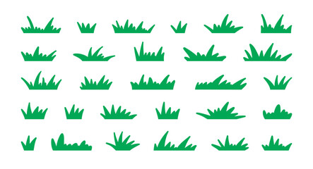Green grass doodle. Lawn, turf or meadow, field blades for garden and park. Plant silhouette and grass border for spring, summer natural landscape. Ecology, botanical clipart. Vector isolated set
