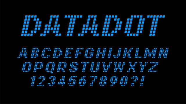Halftone dot font. Alphabet with number, digital type, led light and pixel grid pattern. Neon letters and matrix sign for advertising information display. Blue particle and italic font vector element