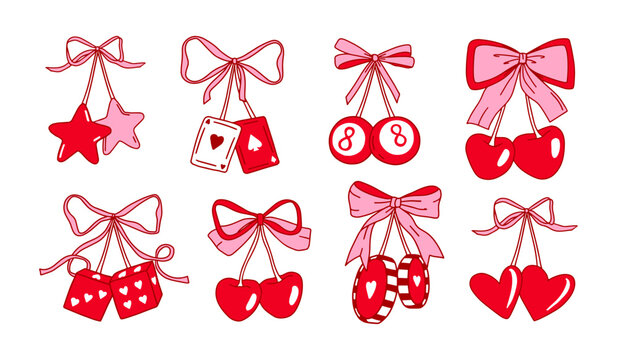 Whimsical bow ribbon with cherry charm, heart pendant for cute doodle and love decoration. Hand drawn red outline for valentines holiday and girly design. Casino poker chips and dice. Vector set