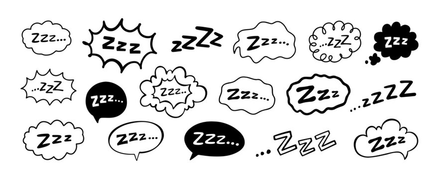 ZZZ speech bubble. Cute bedtime comic balloon, sleep doodle icon, calm cloud hand drawn line art. Snore symbol and quiet message, rest or nap, lazy sign. Vector isolated set