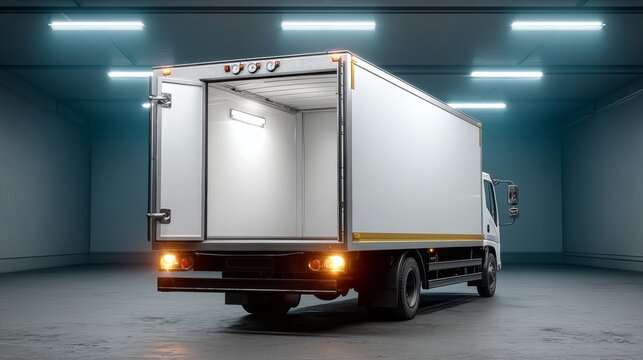 A white truck with a black cab is parked in a large, empty room. The truck is parked in the middle of the room, with the door open. The room is dimly lit, giving it a mysterious