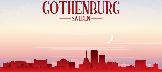 Fototapeta premium Red panoramic poster of the city skyline with misty background buildings, sunrise, moon and clouds of GOTHENBURG, SWEDEN