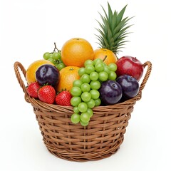Modern Fruit Basket with Fresh Colorful Fruits on White Background Studio Shot