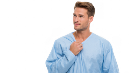 Caucasian doctor adjusting his protective suit while gazing down with a serious expression, set against a transparent background, highlighting the importance of safety in healthcare