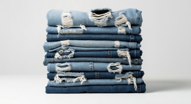 A stack of folded ripped and distressed blue jeans. Various shades of denim pants piled up on a white background. Casual fashion and textile concept with copy space
