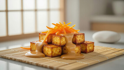 Tofu dish prepared with sauce and fresh vegetables on a bamboo mat in a kitchen setting Generative AI