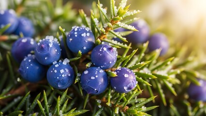 Macro close-up of frozen blue juniper berries covered in white frost crystals on a green evergreen branch in sunlight
