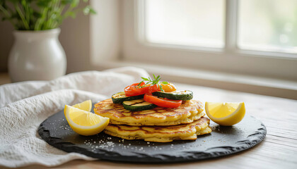 Pancakes with vegetables and lemon slices arranged on a black plate near a window in a kitchen Generative AI