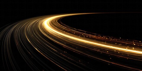 Golden luminous trails curve dramatically across a deep black background suggesting speed and energy.