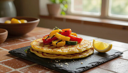 Delicious pancakes topped with grilled vegetables and lemon on a black slate plate in a bright kitchen setting Generative AI
