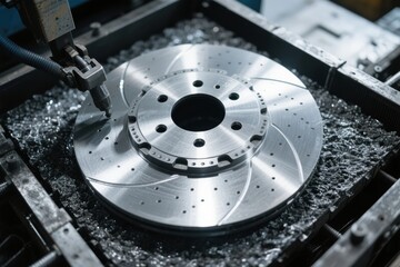 Machining of a perforated brake disc in a CNC machine with metal shavings surrounding the component