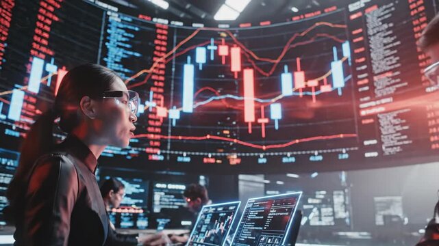 Two traders analyzing financial data on multiple computer screens 4k video