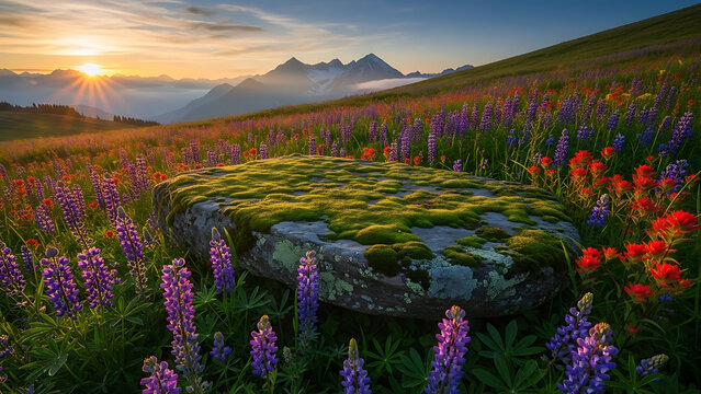 Serene natural landscape with mossy rock formation surrounded by vibrant colorful wildflowers in a sunny meadow during golden hour with majestic mountain range in background - Powered by Adobe