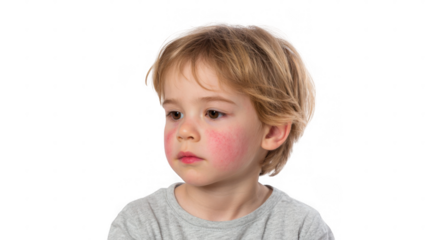 Little girl with red rash on her cheeks, a symptom of fifth disease, also known as slapped cheek syndrome or erythema infectiosum, isolated on transparent background