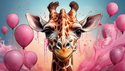 digital art of a giraffe with an amusing expression pink balloons and playful liquid splashes