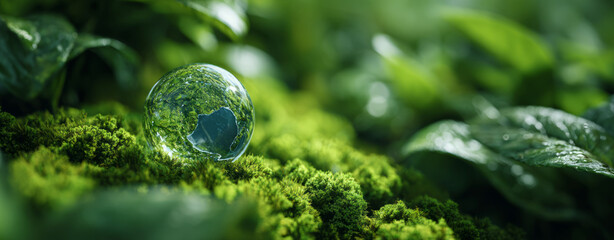 Eco globe green moss nature background sustainable concept environment care serene eco globe