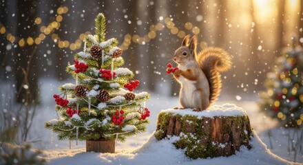 A squirrel standing next to a Christmas tree in a snowy forest, holding a red berry.