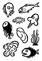 Black and white brushstroke set of weird ocean creatures, featuring cartoonish monsters, spooky fish, aquatic plants, and abstract underwater shapes