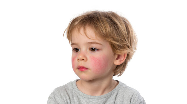 Little girl with red rash on her cheeks, a symptom of fifth disease, also known as slapped cheek syndrome or erythema infectiosum, isolated on transparent background