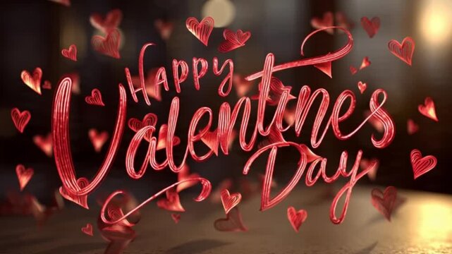 Cursive &ldquo;Happy Valentine&rsquo;s Day&rdquo; Text with Hearts Falling from Above on a Soft Bokeh Background, Creating a Romantic, Dreamy, and Elegant Love-Themed Celebration Graphic