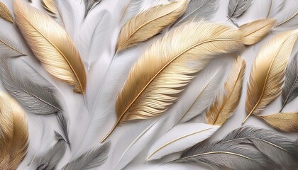 elegant pattern made up of gold and grey feathers beautifully arranged on a light background showcasing a seamless and sophisticated design with luxurious appeal