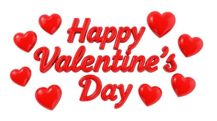 Lucid realism 3d rendered bold red text happy valentines day surrounded by floating hearts on a clean white background