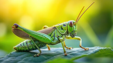 Fototapeta premium Vibrant green grasshopper on a leaf