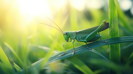 Vibrant green grasshopper on blade of grass, sunlit