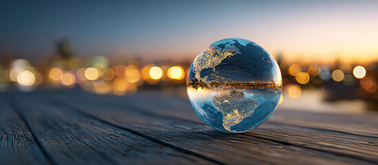 Glass earth globe city night reflection light travel horizon blur